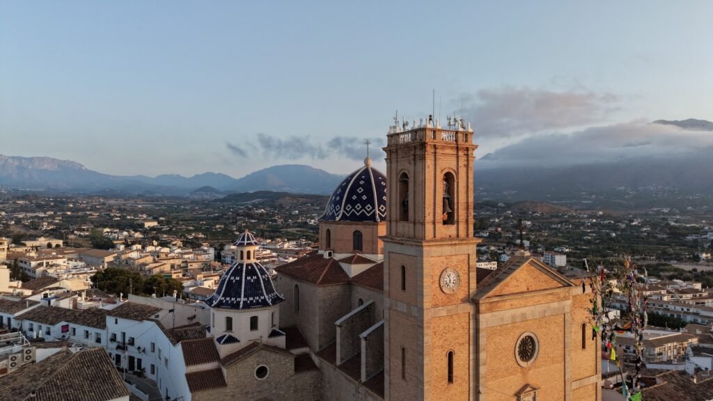 The blue dome of the church of Altea and the white houses of the old town